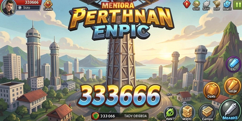 Tampilan menara dan musuh dalam gameplay 333666.