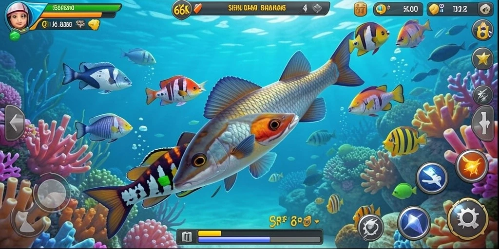 Screenshot menampilkan gameplay seru di 66K dengan berbagai ikan untuk ditangkap.
