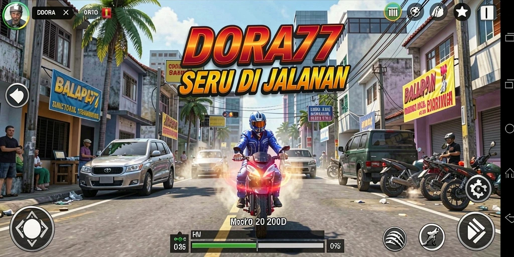 Gameplay DORA77 menampilkan mobil balap yang keren di trek yang menantang.