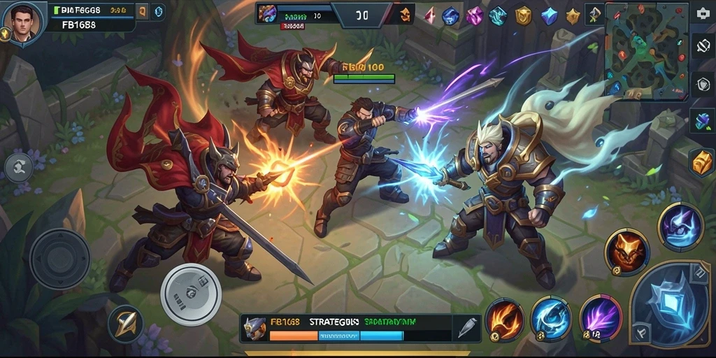 Tampilan gameplay FB168 dengan pertarungan seru antar pemain MOBA.