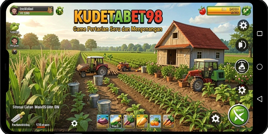 Tampilan gameplay KUDETABET98 dengan ladang yang hijau dan tanaman beragam.