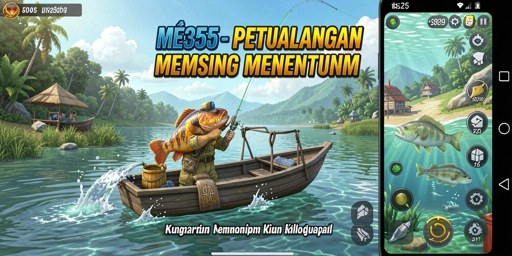 Gameplay ME355 yang menampilkan aksi memancing seru dan pemandangan laut indah.