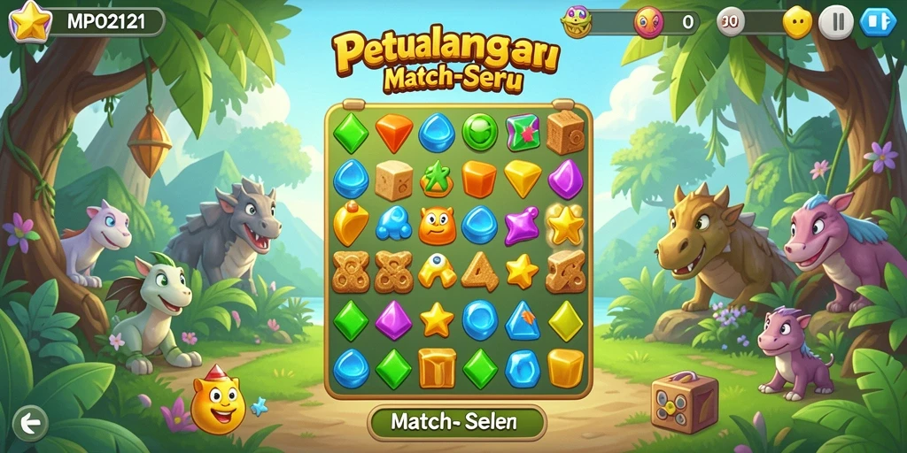 Screenshot utama MPO2121 menampilkan gameplay seru Match-3 yang penuh warna.
