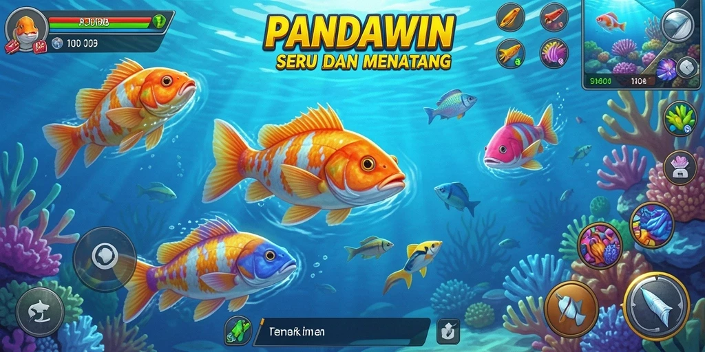 Screenshot utama PANDAWIN menampilkan aksi seru menembak ikan.
