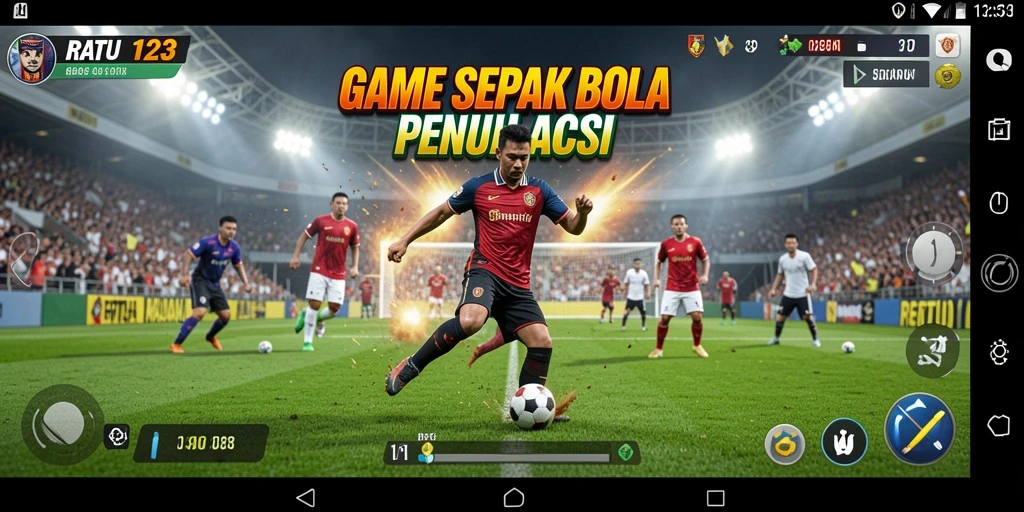Screenshot gameplay menampilkan aksi di lapangan sepak bola.