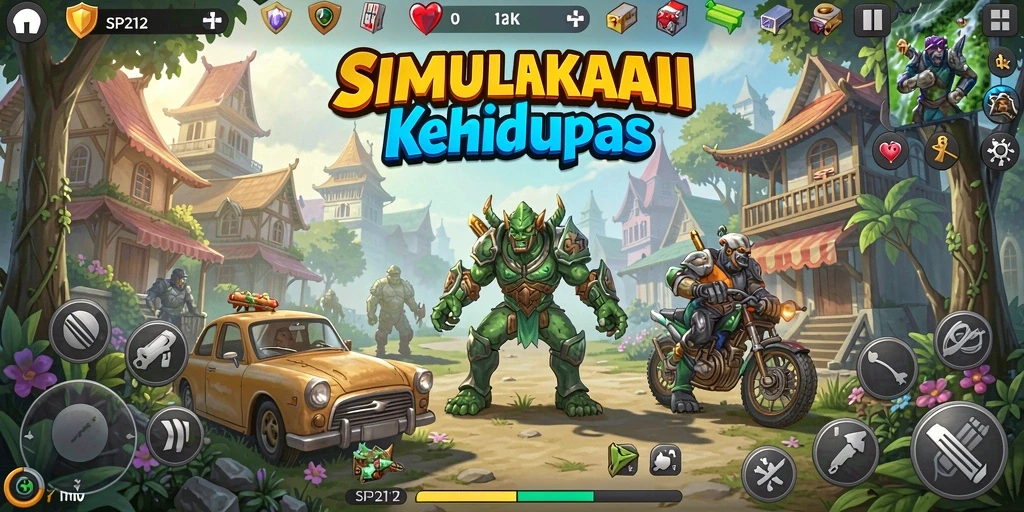 Screenshot utama SP212 menampilkan gameplay kehidupan virtual yang dinamis.