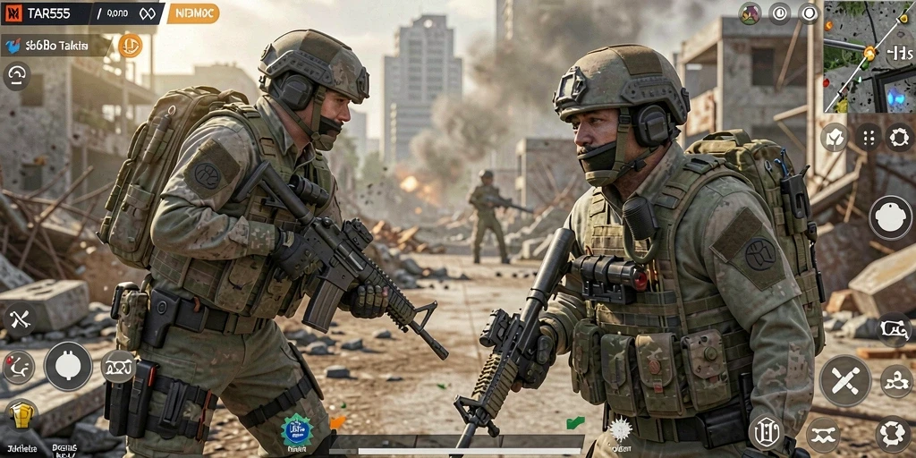 Menampilkan momen aksi mendebarkan dalam gameplay TAR555.