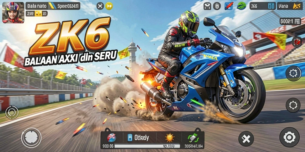 Tampilan gameplay ZK6 yang mendebarkan dalam balapan motor.
